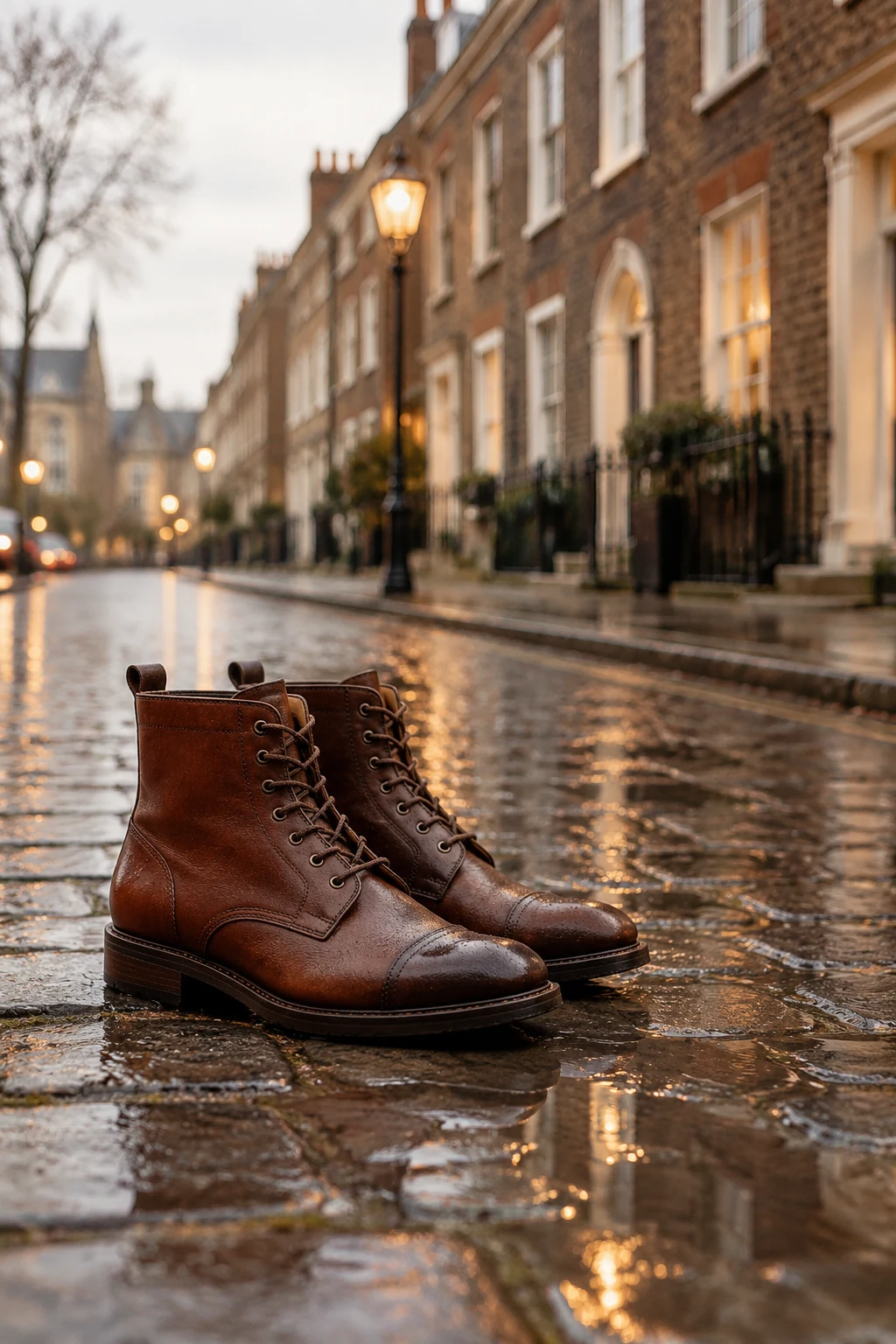 Brown leather lace-up boots on wet cobblestones of a British street