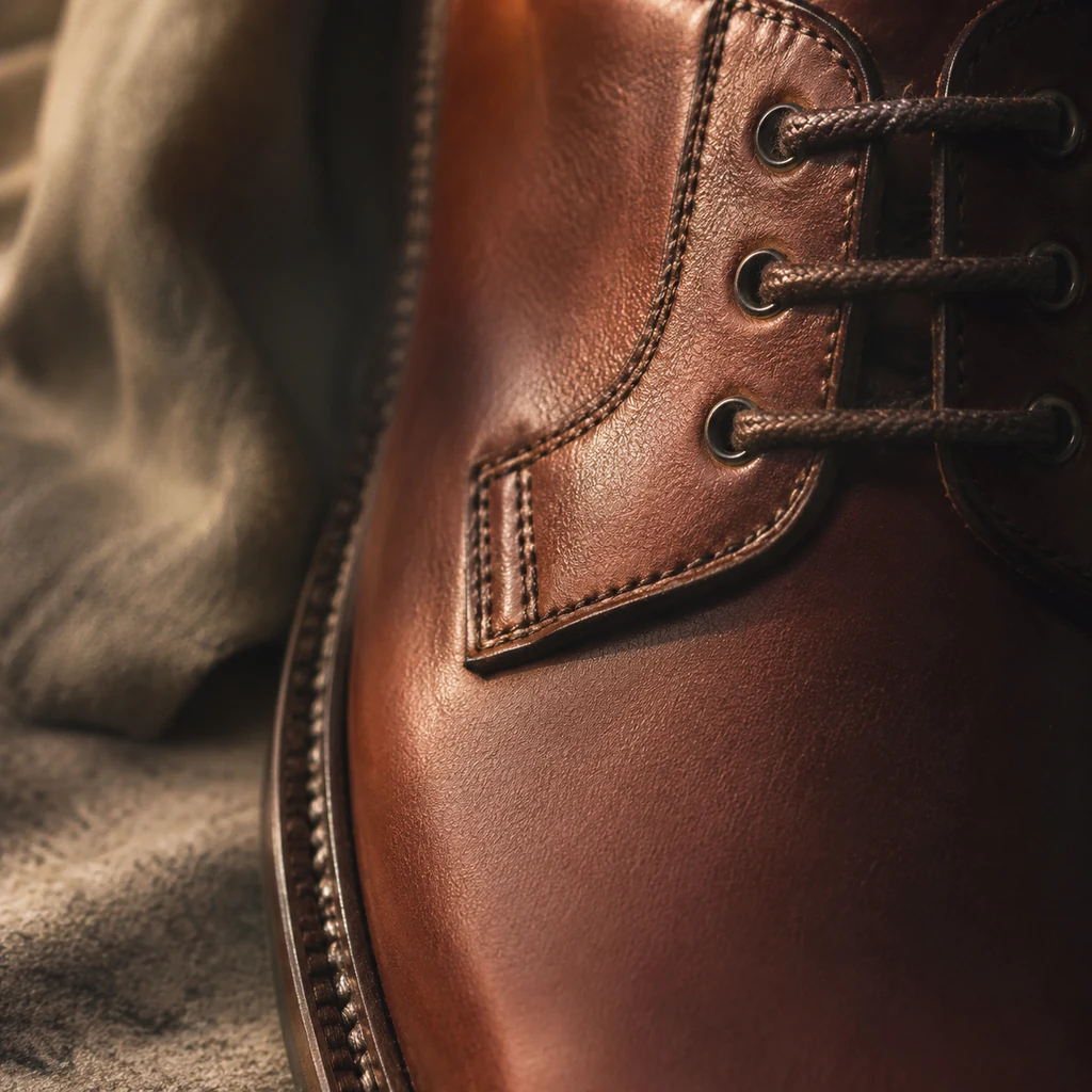 Waxed lace threaded through the eyelets of a chestnut leather shoe