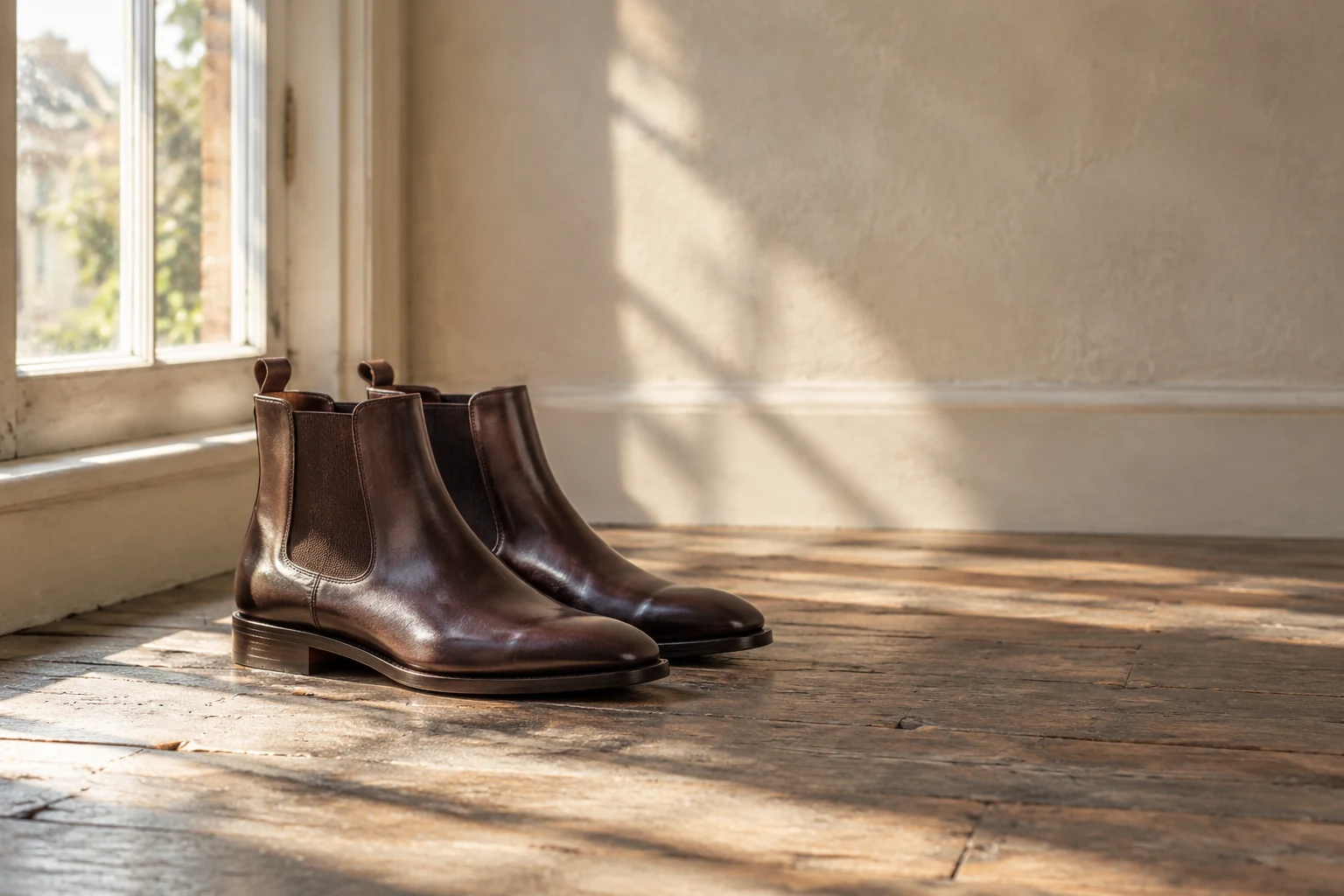 Dark brown leather Chelsea boots on an oak floor in morning light