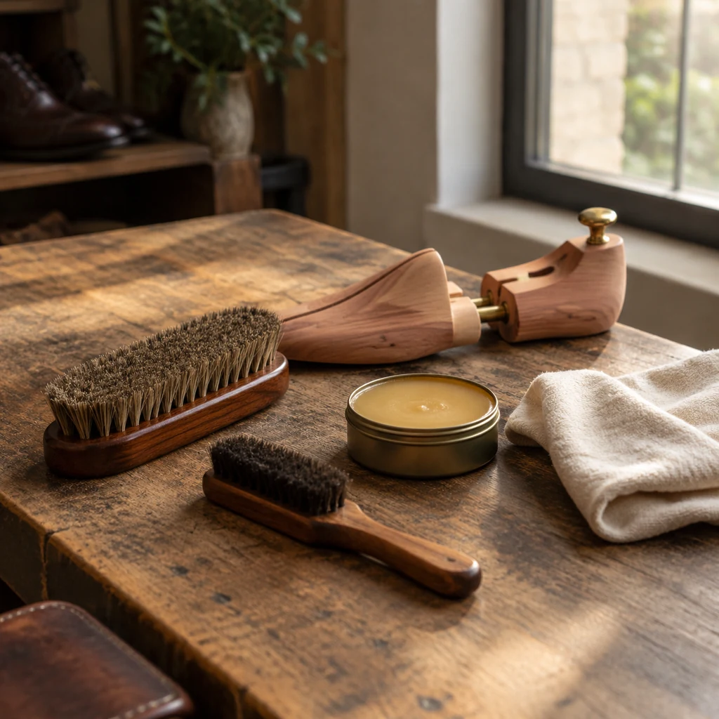 Brushes, polish tin and cedar shoe tree on a wooden workbench