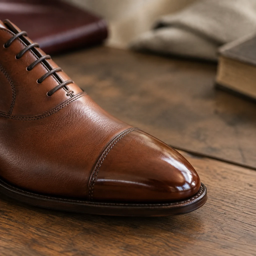 Polished toe cap of a tan full-grain leather shoe