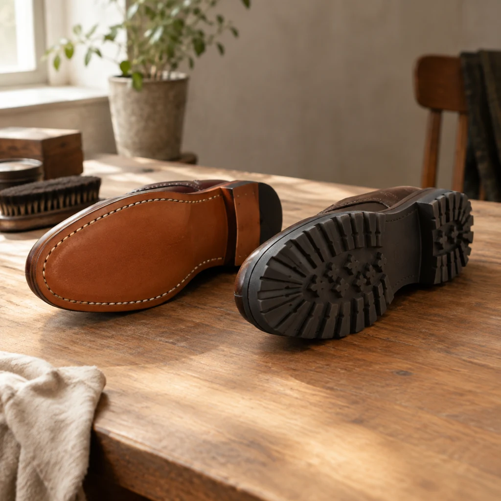 Stitched leather sole beside a rubber commando sole