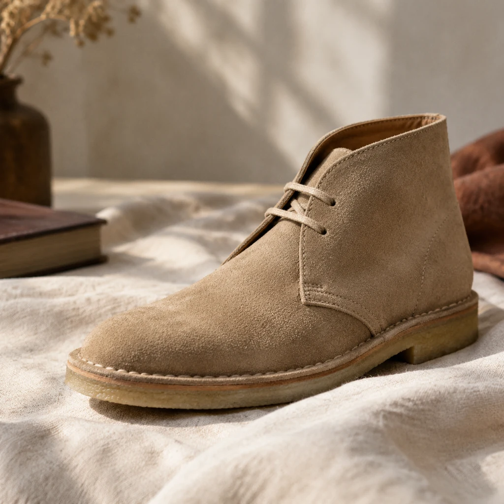 Sand-coloured suede desert boot with a crepe sole