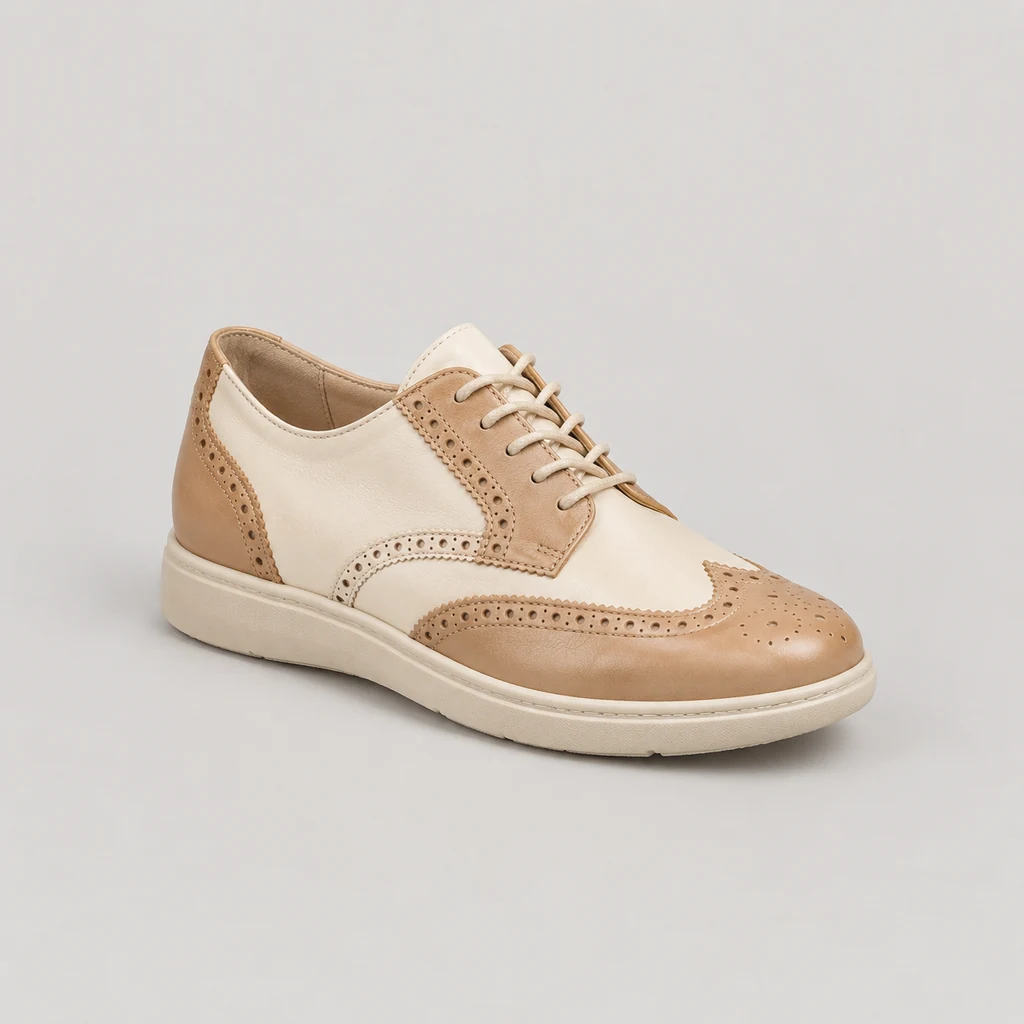 Women's cream and tan leather brogue
