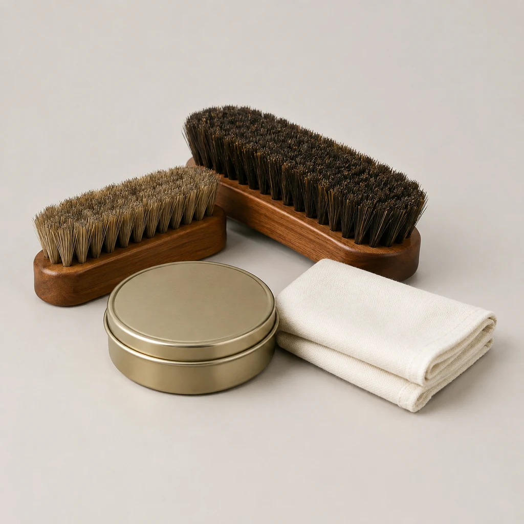 Shoe care set with two brushes, polish tin and cloth