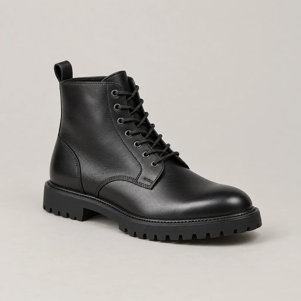 Men's black leather derby boot with commando sole