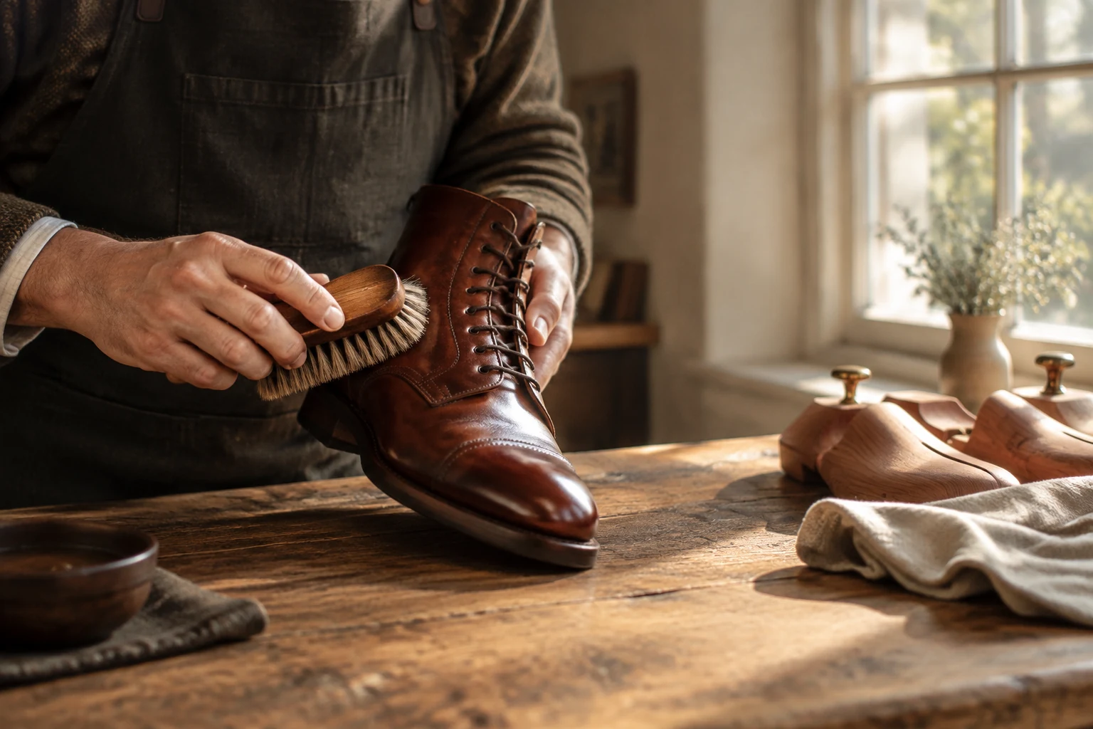 Brushing a brown leather boot at a wooden workbench
