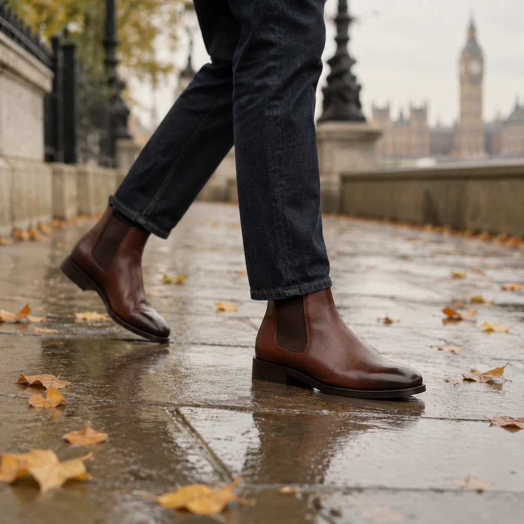 Walking in brown leather Chelsea boots on a wet London pavement